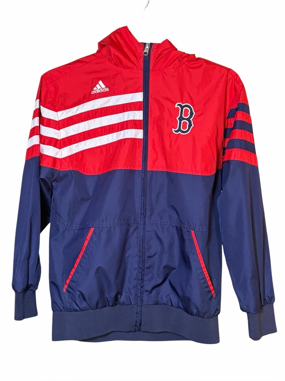 Adidas MLB Boston Red Sox Hooded Windbreaker Youth 10-12 Red Blue Zip Up